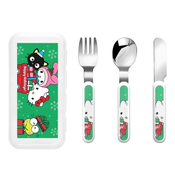 Saiise Sanrio Print 3 Piece Cutlery Set Metal, Reusable Children's Knife, Fork & Spoon, Kids-Size, Made from Food-Safe Stainless Steel & ABS Plastic