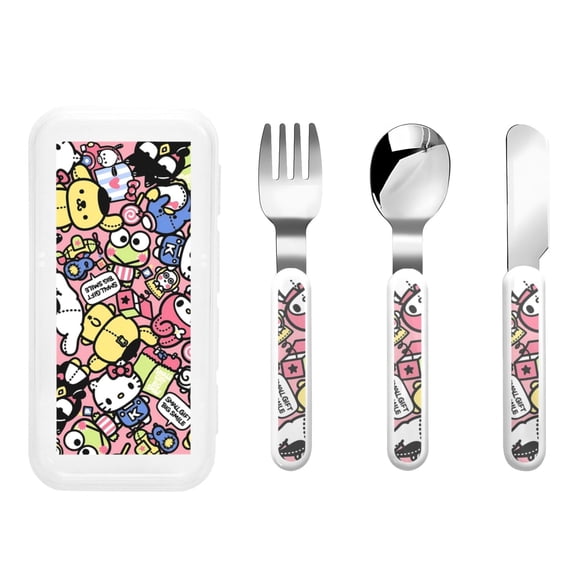 Saiise Sanrio Print 3 Piece Cutlery Set Metal, Reusable Children's Knife, Fork & Spoon, Kids-Size, Made from Food-Safe Stainless Steel & ABS Plastic