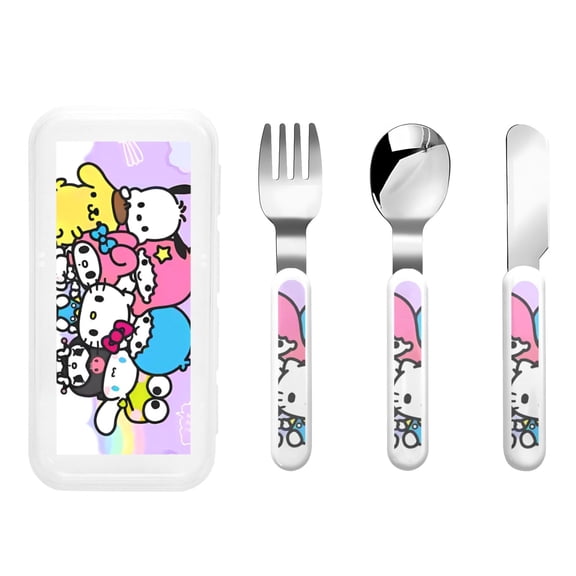 Saiise Sanrio Print 3 Piece Cutlery Set Metal, Reusable Children's Knife, Fork & Spoon, Kids-Size, Made from Food-Safe Stainless Steel & ABS Plastic