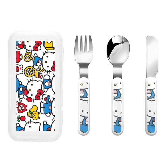 Saiise Sanrio Print 3 Piece Cutlery Set Metal, Reusable Children's Knife, Fork & Spoon, Kids-Size, Made from Food-Safe Stainless Steel & ABS Plastic