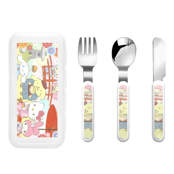 Saiise Sanrio Print 3 Piece Cutlery Set Metal, Reusable Children's Knife, Fork & Spoon, Kids-Size, Made from Food-Safe Stainless Steel & ABS Plastic