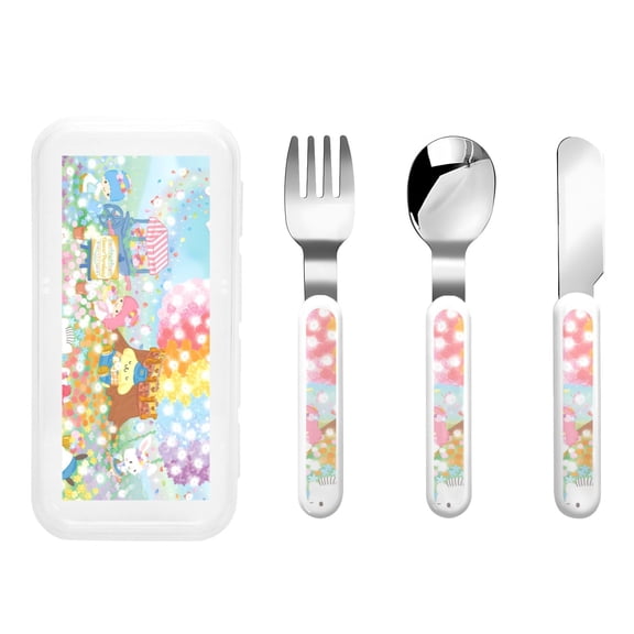 Saiise Sanrio Print 3 Piece Cutlery Set Metal, Reusable Children's Knife, Fork & Spoon, Kids-Size, Made from Food-Safe Stainless Steel & ABS Plastic