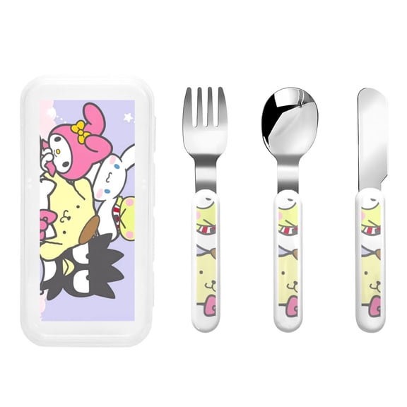 Saiise Sanrio Print 3 Piece Cutlery Set Metal, Reusable Children's Knife, Fork & Spoon, Kids-Size, Made from Food-Safe Stainless Steel & ABS Plastic