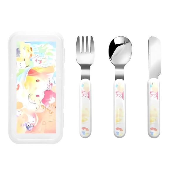 Saiise Sanrio Print 3 Piece Cutlery Set Metal, Reusable Children's Knife, Fork & Spoon, Kids-Size, Made from Food-Safe Stainless Steel & ABS Plastic