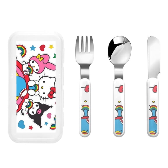 Saiise Sanrio Print 3 Piece Cutlery Set Metal, Reusable Children's Knife, Fork & Spoon, Kids-Size, Made from Food-Safe Stainless Steel & ABS Plastic