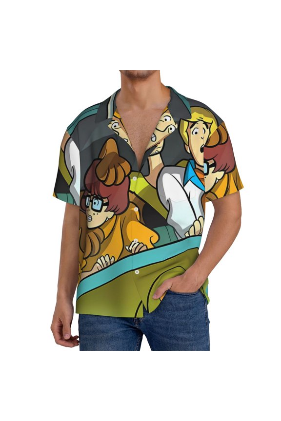 Scooby-Doo Aw Mens Front Pocket Hawaiian Shirts Casual Floral Shirts Short Sleeve Button Down Beach Tropical Shirts