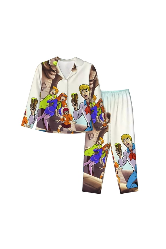 Scooby-Doo Cb Print Women Soft Pama Sets,Long Sleeve Sleepwear Button Up 2-Piece Pjs Lounge Sets-XX-Large
