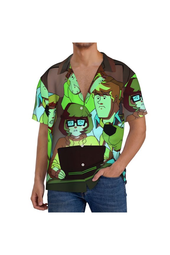 Scooby-Doo Cr Mens Front Pocket Hawaiian Shirts Casual Floral Shirts Short Sleeve Button Down Beach Tropical Shirts