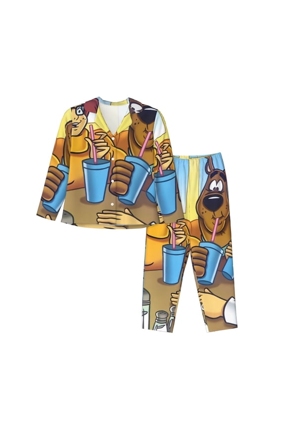 Scooby-Doo G Print Women Soft Pama Sets,Long Sleeve Sleepwear Button Up 2-Piece Pjs Lounge Sets-Large