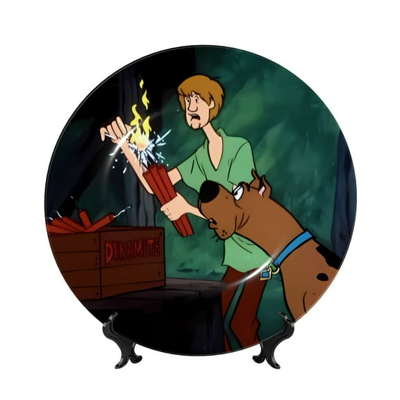 Saiise Scooby-Doo Print Bone China Decorative Plate Ceramic Decorative Plates with Display Stand Handmade Ceramic Wall Art Decor for Home Kitchen Bedroom Decorative-6in
