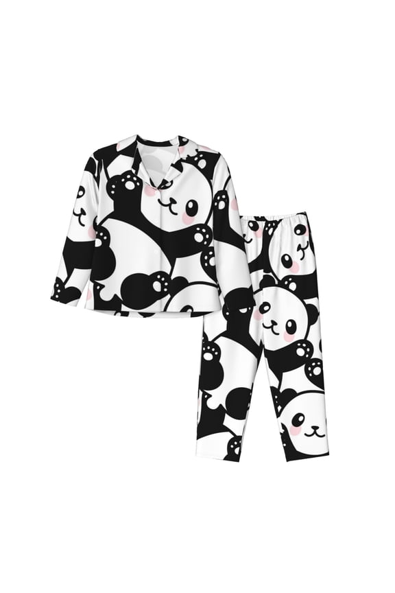 Seamless Pattern Cute Panda Print Women Soft Pajama Sets,Long Sleeve Sleepwear Button Up 2-Piece Pjs Lounge Sets-Large