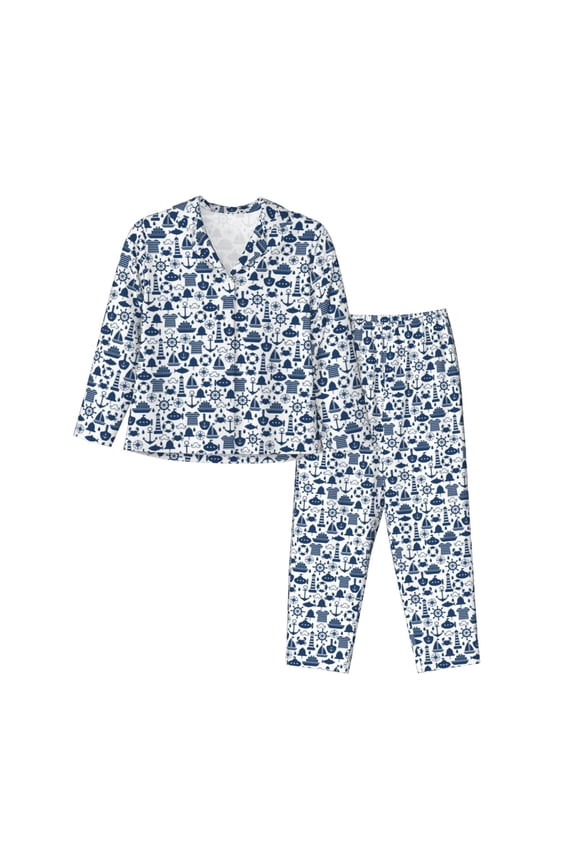 Seaside Primary Color Print Women Soft Pajama Sets,Long Sleeve Sleepwear Button Up 2-Piece Pjs Lounge Sets-Medium
