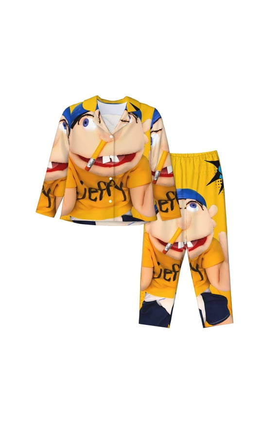 Sml Jeffy G Print Women Soft Pama Sets,Long Sleeve Sleepwear Button Up 2-Piece Pjs Lounge Sets-Large