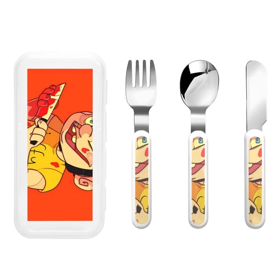 Saiise Sml Jeffy Print 3 Piece Cutlery Set – Metal, Reusable Children's Knife, Fork & Spoon, Kids-Size, Made from Food-Safe Stainless Steel & ABS Plastic