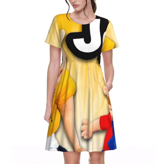 Saiise Sml Jeffy Print Women's Short Sleeve A-Line Dress with Pockets, Casual Knee-Length Crew Neck Dress for Summer