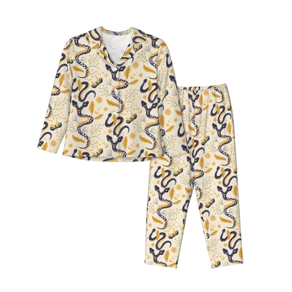 Saiise Snake And Floral Print Women Soft Pajama Sets,Long Sleeve Sleepwear Button Up 2-Piece Pjs Lounge Sets-Large
