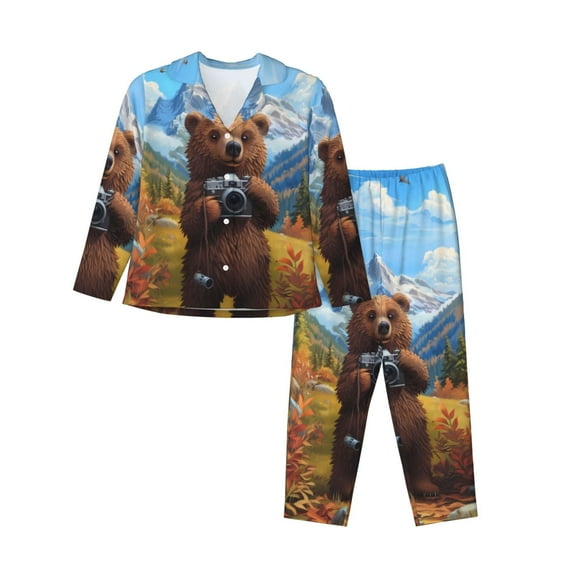 Saiise Snowy Mountain Photography Bear Print Women Soft Pajama Sets,Long Sleeve Sleepwear Button Up 2-Piece Pjs Lounge Sets-XX-Large