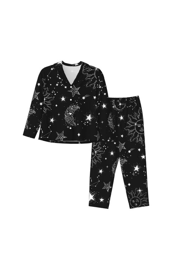 Space Galaxy Print Women Soft Pajama Sets,Long Sleeve Sleepwear Button Up 2-Piece Pjs Lounge Sets-Large