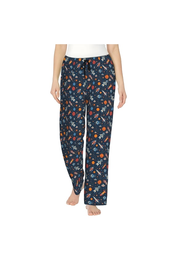 Spaceships And Stars In Outer Space Womens Pajama Pants Stretch Comfy Lounge Pants Drawstring Sleep Bottoms with Pockets-X-Large