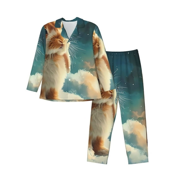 Saiise Starry Sky Cloud Cute Rabbit Men's Sleepwear Set Lapel Neck Button Down Long Sleeve Top and Pants 2 Piece Pajama Set-X-Large