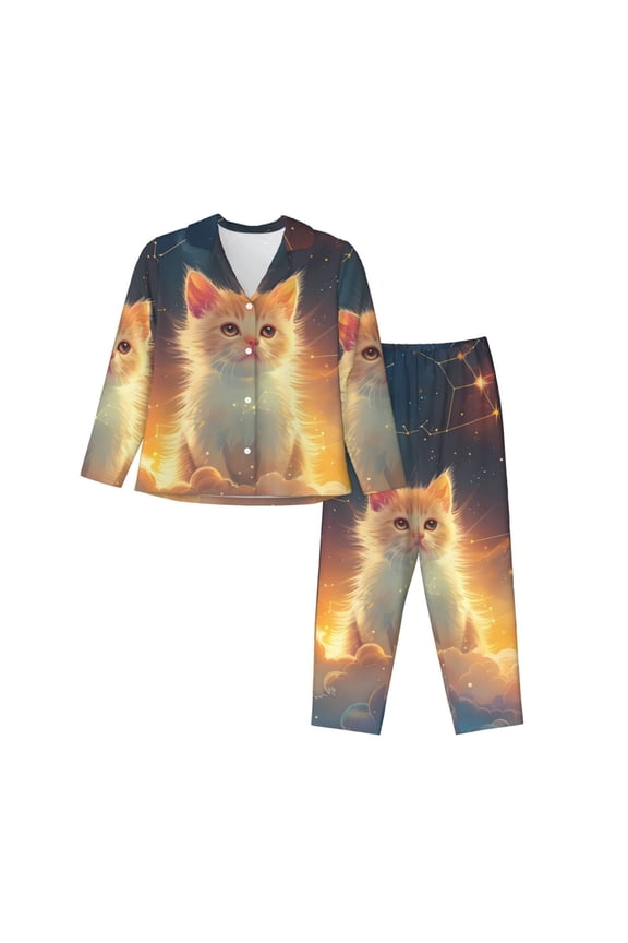 Starry Sky Constellation Cat Print Women Soft Pajama Sets,Long Sleeve Sleepwear Button Up 2-Piece Pjs Lounge Sets-Large