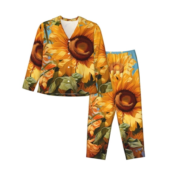 Saiise Sunflower Blue Sky Print Women Soft Pajama Sets,Long Sleeve Sleepwear Button Up 2-Piece Pjs Lounge Sets-XX-Large