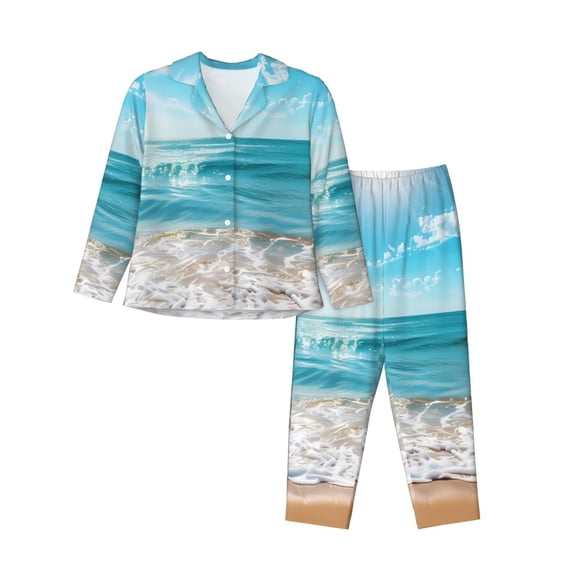 Saiise Sunny Ocean Waves Print Women Soft Pajama Sets,Long Sleeve Sleepwear Button Up 2-Piece Pjs Lounge Sets-Medium