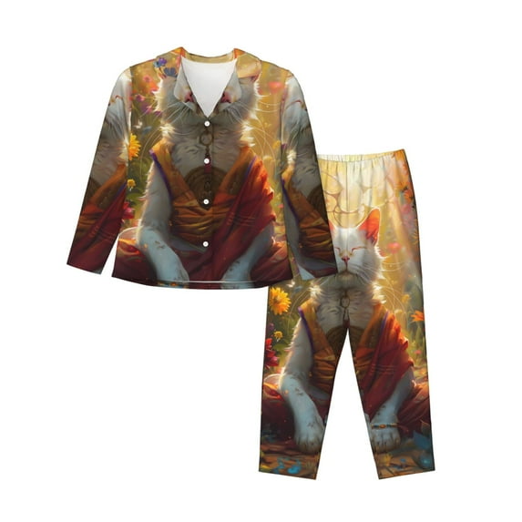 Saiise Sunshine Flower Meditating Cat Print Women Soft Pajama Sets,Long Sleeve Sleepwear Button Up 2-Piece Pjs Lounge Sets-Large