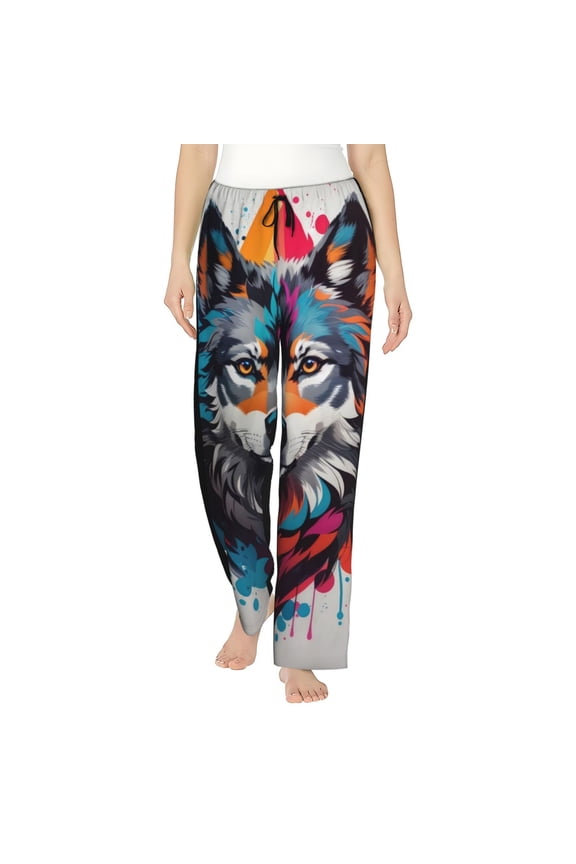 Tie-Dye Wolf Head Womens Pajama Pants Stretch Comfy Lounge Pants Drawstring Sleep Bottoms with Pockets-XX-Large