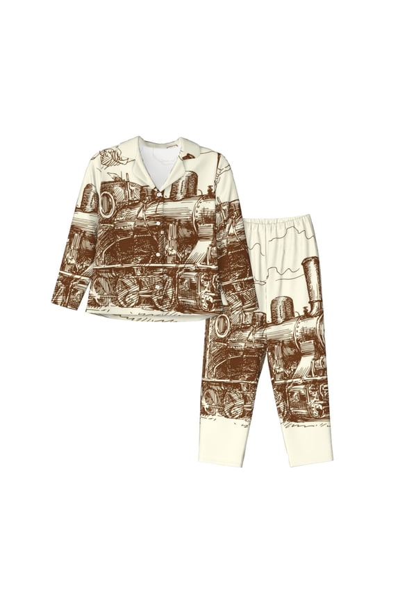Train Print Women Soft Pajama Sets,Long Sleeve Sleepwear Button Up 2-Piece Pjs Lounge Sets-Small