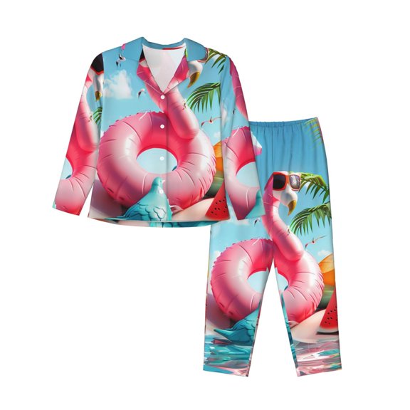 Saiise Tropical Flamingo Pool Float Print Women Soft Pajama Sets,Long Sleeve Sleepwear Button Up 2-Piece Pjs Lounge Sets-Medium