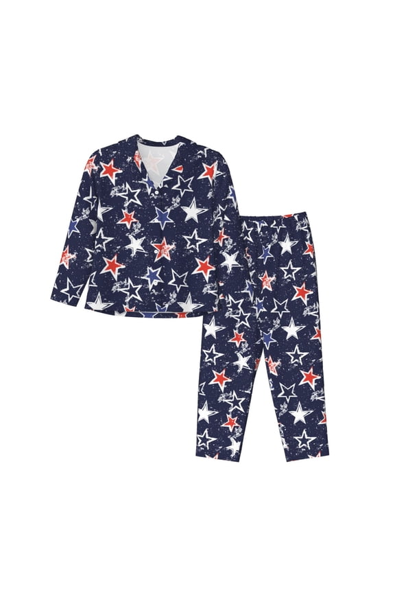 USA Stars Print Women Soft Pajama Sets,Long Sleeve Sleepwear Button Up 2-Piece Pjs Lounge Sets-Large