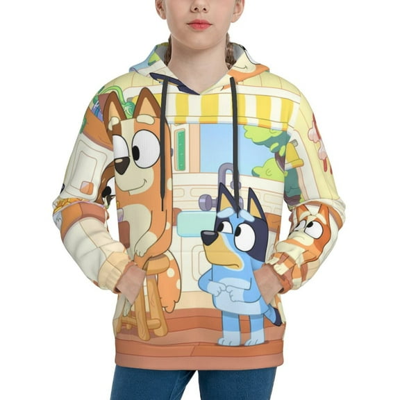 Saiise Unisex Kids Bluey Sweatshirt Boys Girls Hooded Kangaroo Pocket Pullover Hoodies-Large