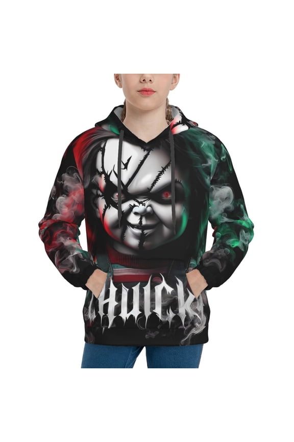 Unisex Kids Chucky Ae Sweatshirt Boys Girls Hooded Kangaroo Pocket Pullover Hoodies-Large