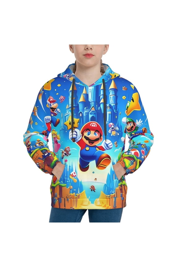 Unisex Kids Mario Bb Sweatshirt Boys Girls Hooded Kangaroo Pocket Pullover Hoodies-Large