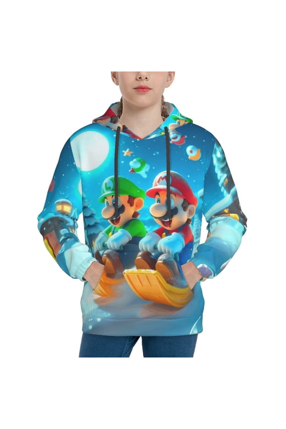 Unisex Kids Mario Bl Sweatshirt Boys Girls Hooded Kangaroo Pocket Pullover Hoodies-Large