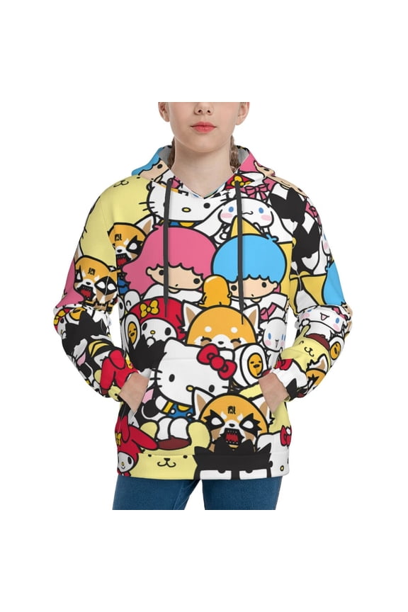 Unisex Kids Sanrio Am Sweatshirt Boys Girls Hooded Kangaroo Pocket Pullover Hoodies-X-Large