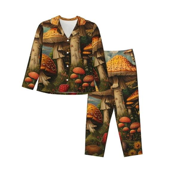 Saiise Vintage Cloud Mushroom Print Women Soft Pajama Sets,Long Sleeve Sleepwear Button Up 2-Piece Pjs Lounge Sets-Large