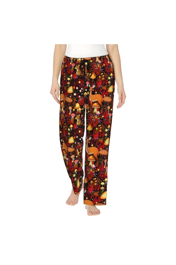 Warm Forest Plants and Deer Womens Pajama Pants Stretch Comfy Lounge Pants Drawstring Sleep Bottoms with Pockets-