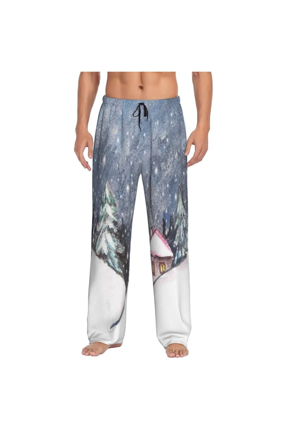 Watercolor Winter Landscape For Christmas Print Mens Pajama Pants for Men,Mens Lounge Pants,Funny Gifts for Men,Men's Pajama Bottoms-Large