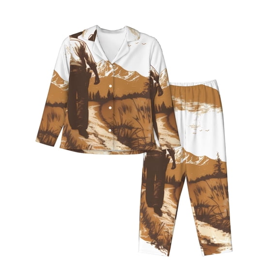 Saiise Western Cowboy Countryside Print Women Soft Pajama Sets,Long Sleeve Sleepwear Button Up 2-Piece Pjs Lounge Sets-Medium