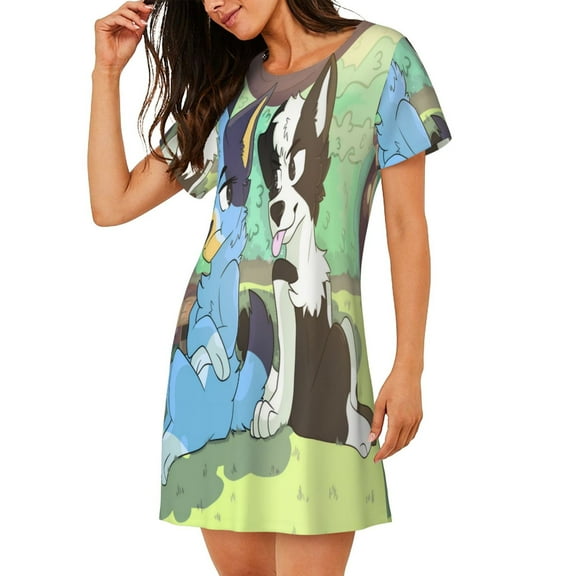 Saiise Women's Nightgown Sleepwear,Short Sleeve Pajama Dress,Bluey Print Loungewear for Home and Sleep