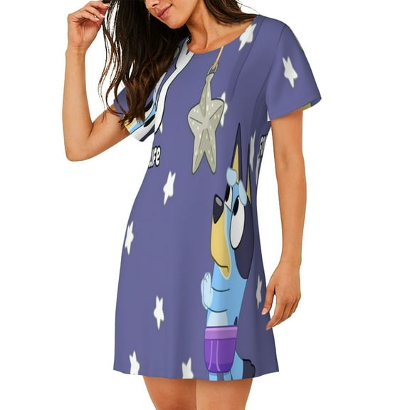 Saiise Women's Nightgown Sleepwear,Short Sleeve Pajama Dress,Bluey Print Loungewear for Home and Sleep