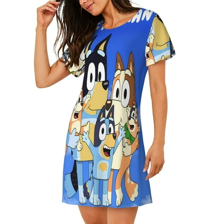 Saiise Women's Nightgown Sleepwear,Short Sleeve Pajama Dress,Bluey Print Loungewear for Home and Sleep