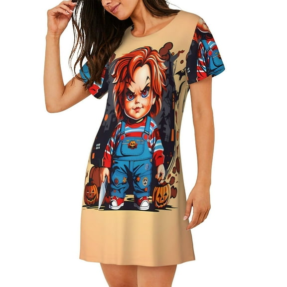 Saiise Women's Nightgown Sleepwear,Short Sleeve Pajama Dress,Chucky Print Loungewear for Home and Sleep