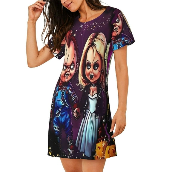 Saiise Women's Nightgown Sleepwear,Short Sleeve Pajama Dress,Chucky Print Loungewear for Home and Sleep