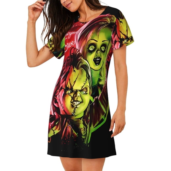Saiise Women's Nightgown Sleepwear,Short Sleeve Pajama Dress,Chucky Print Loungewear for Home and Sleep