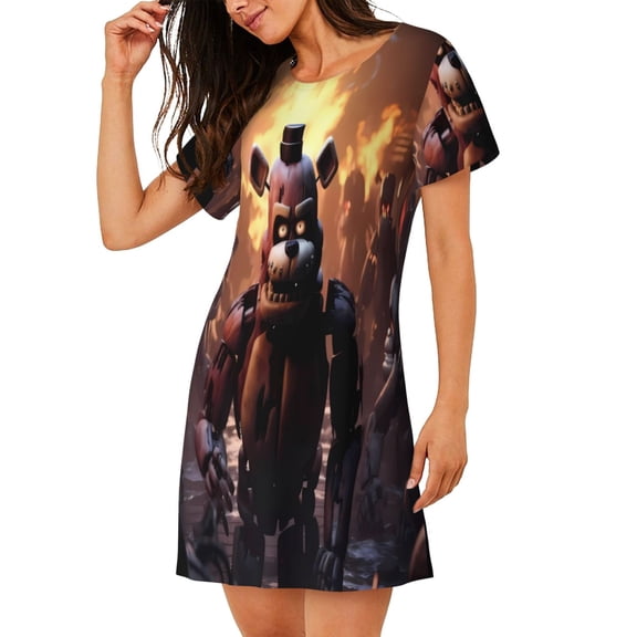 Saiise Women's Nightgown Sleepwear,Short Sleeve Pajama Dress,Five Nights At Freddy'S Print Loungewear for Home and Sleep