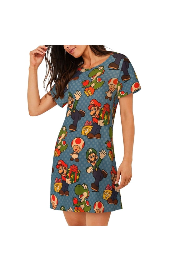 Women's Nightgown Sleepwear,Short Sleeve Pajama Dress,Mario Print Loungewear for Home and Sleep