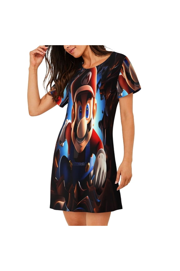 Women's Nightgown Sleepwear,Short Sleeve Pajama Dress,Mario Print Loungewear for Home and Sleep